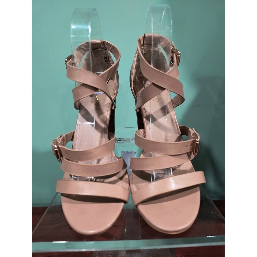 Nine‎ West Seraphinago Nude Tan Multi Strap Block Heel Sandals Womens 8M